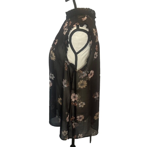 Women’s Who What Wear BLACK Shear W/ Multicolor Floral Ruffle Sleeveless Top -L - Picture 3 of 7